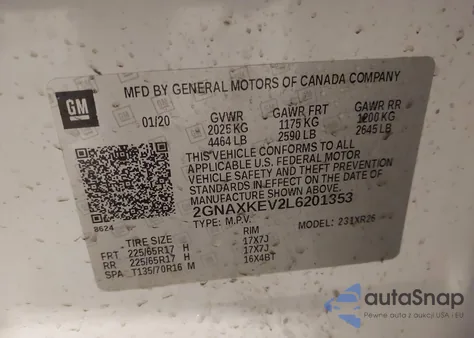 2020 Chevrolet Equinox Fwd Lt 1.5L Turbo z USA, uszkodzony, nr VIN 2GNAXKEV2L6201353